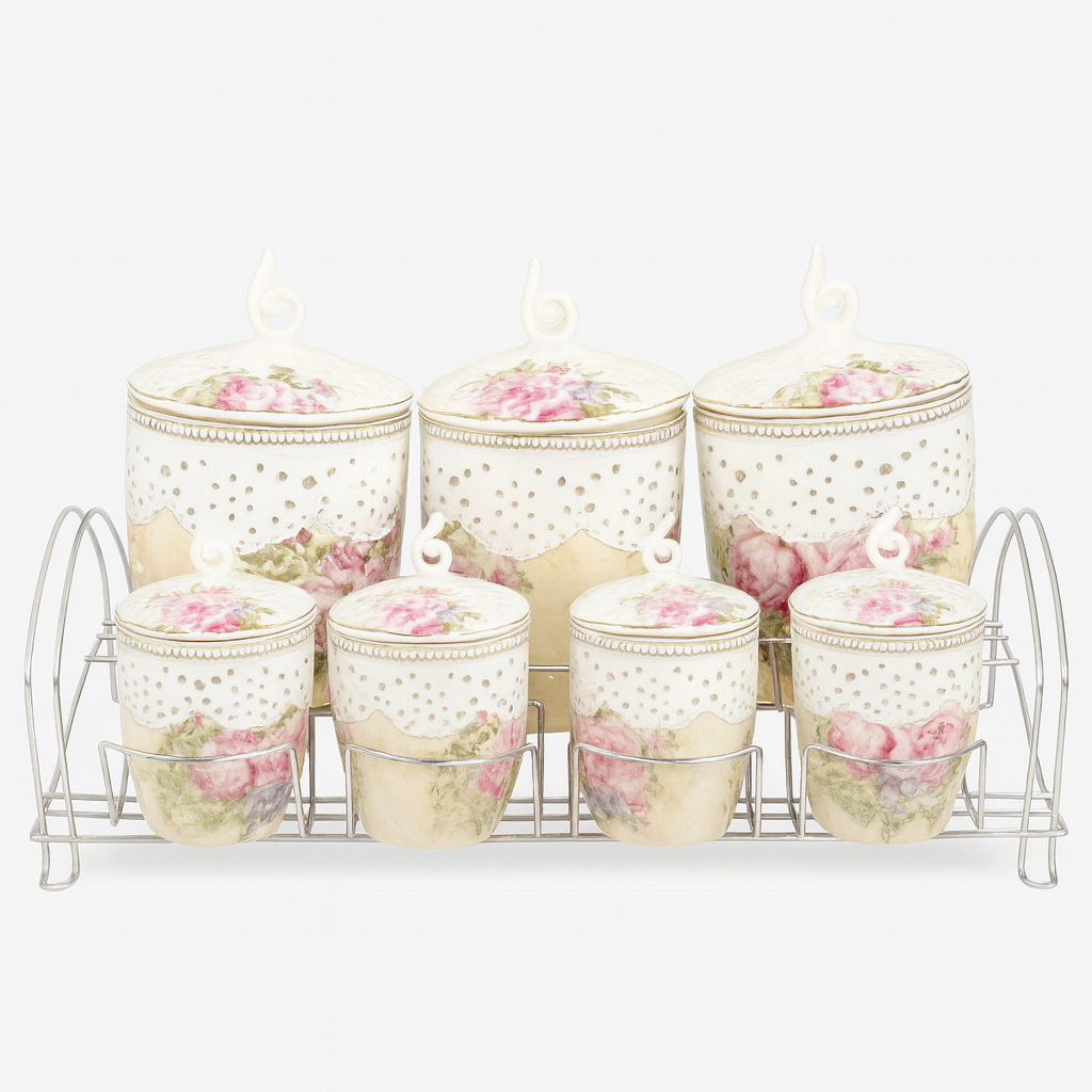 7 Pcs Canister Set with Ceramic Lid 2407 – Floral Vintage Kitchen Storage Jars