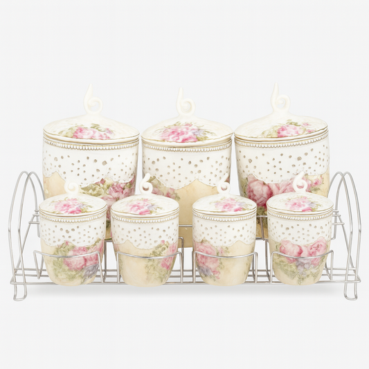 7 Pcs Canister Set with Ceramic Lid 2407 – Floral Vintage Kitchen Storage Jars