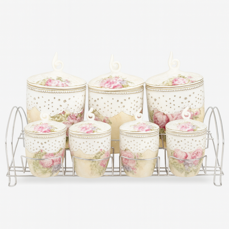 7 Pcs Canister Set with Ceramic Lid 2407 – Floral Vintage Kitchen Storage Jars - Habitt