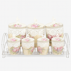 7 Pcs Canister Set with Ceramic Lid 2407 – Floral Vintage Kitchen Storage Jars
