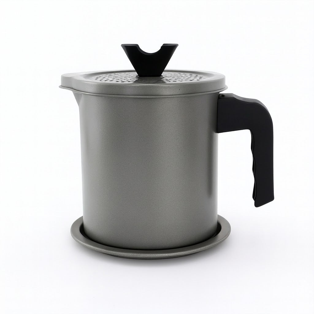 1.4L Oil Pot with Strainer – Stainless Steel Grease Container with Lid & Handle for Kitchen Use