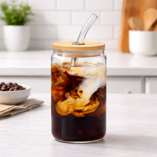Straw Glass – Clear Drinking Glass with Bamboo Lid & Reusable Straw