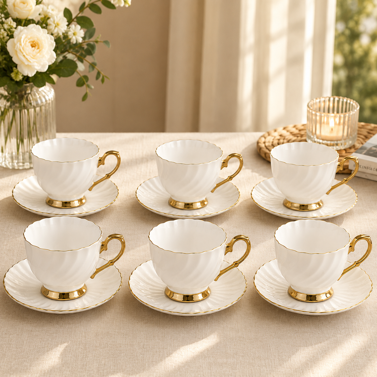Golden Handle Porcelain Cup & Saucer Set – White & Gold Tea Set