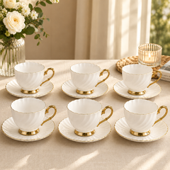 Golden Handle Porcelain Cup & Saucer Set – White & Gold Tea Set