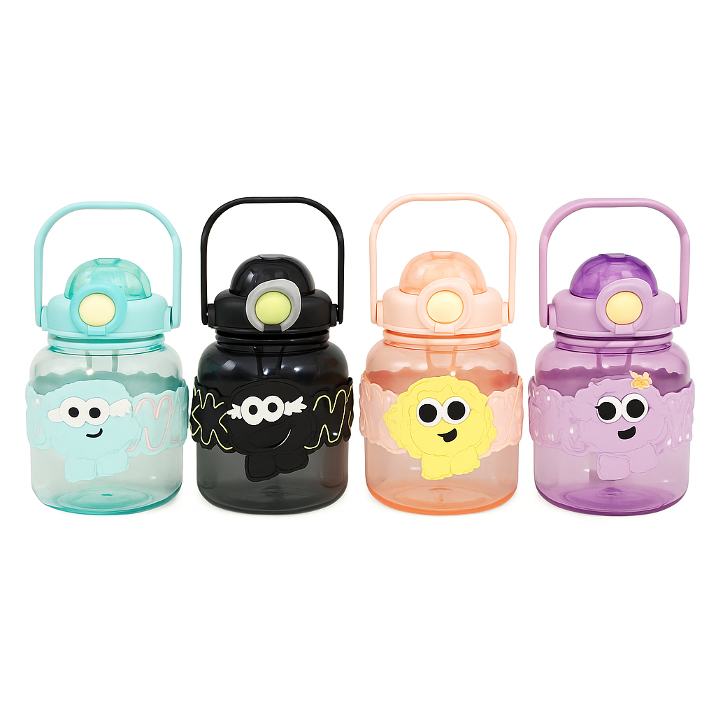 1Pc WAEKA Silicone Kids School Water Bottle – Cartoon Print, Flip-Top Lid, Carry Handle