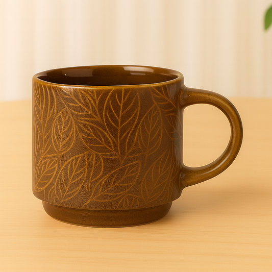 Embossed Leaf Brown Ceramic Mug – Rustic Textured Coffee & Tea Cup