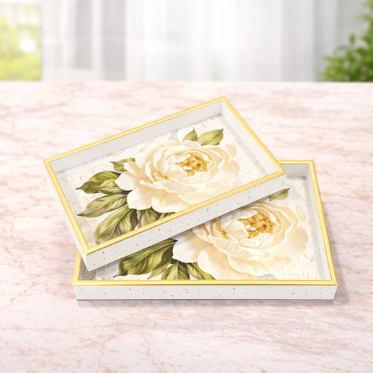 2Pcs Tray Set – Rectangular Serving Trays with Elegant Cream Rose Design - Habitt