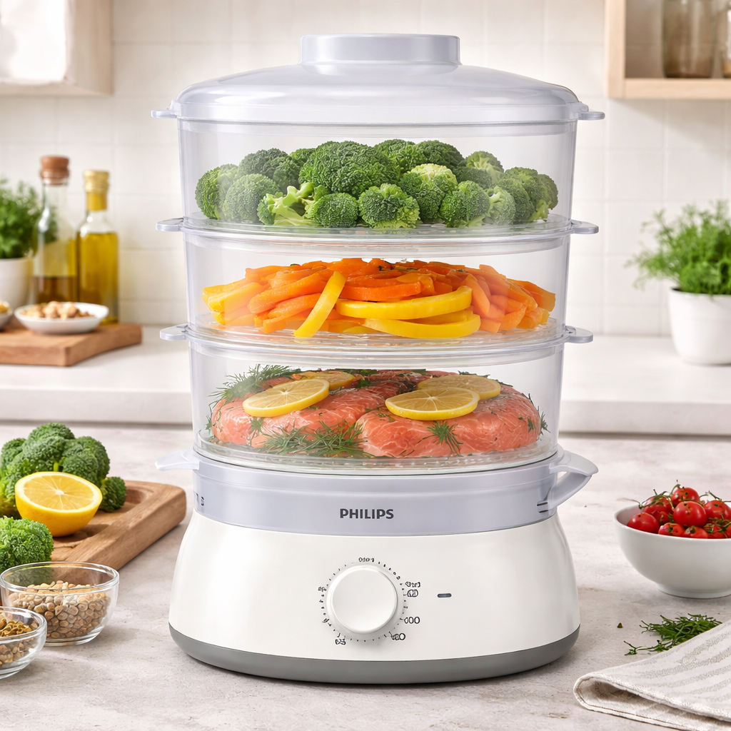 Philips Daily Collection Food Steamer 900W with 3-Tier Baskets, Egg Rack & Rice Bowl (HD9125/90) - Habitt