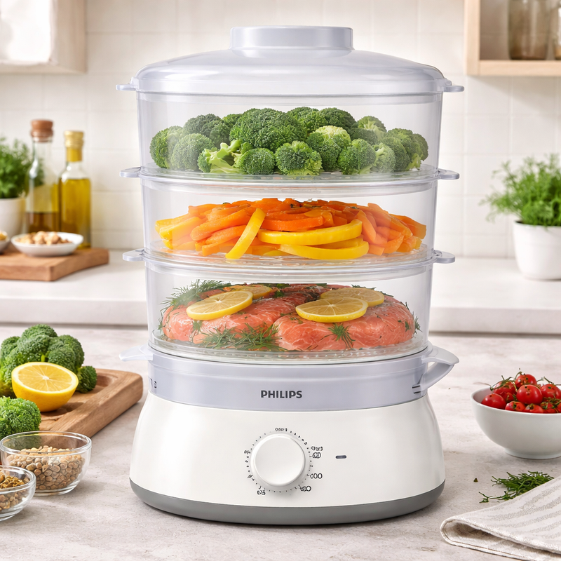 Philips Daily Collection Food Steamer 900W with 3-Tier Baskets, Egg Rack & Rice Bowl (HD9125/90) - Habitt
