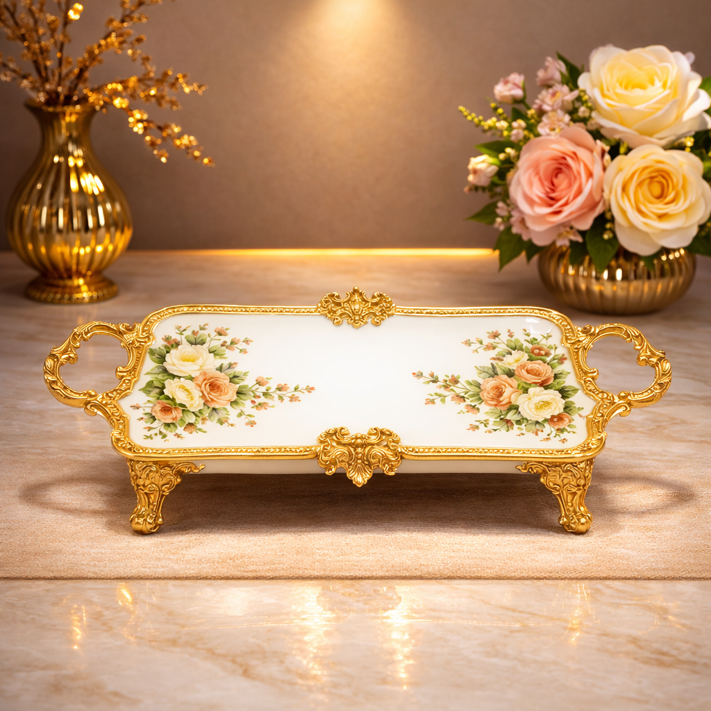 Rect Flat Tray – Elegant Floral Decorative Serving Tray with Handles - Habitt