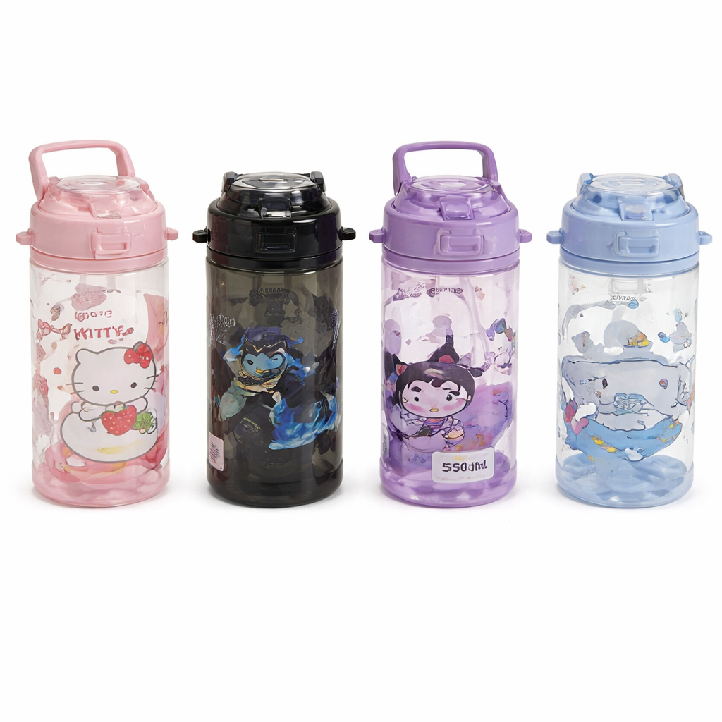 Kids Plastic Bottle 500ML – Cute Cartoon Print Water Bottle (Assorted Designs) - Habitt