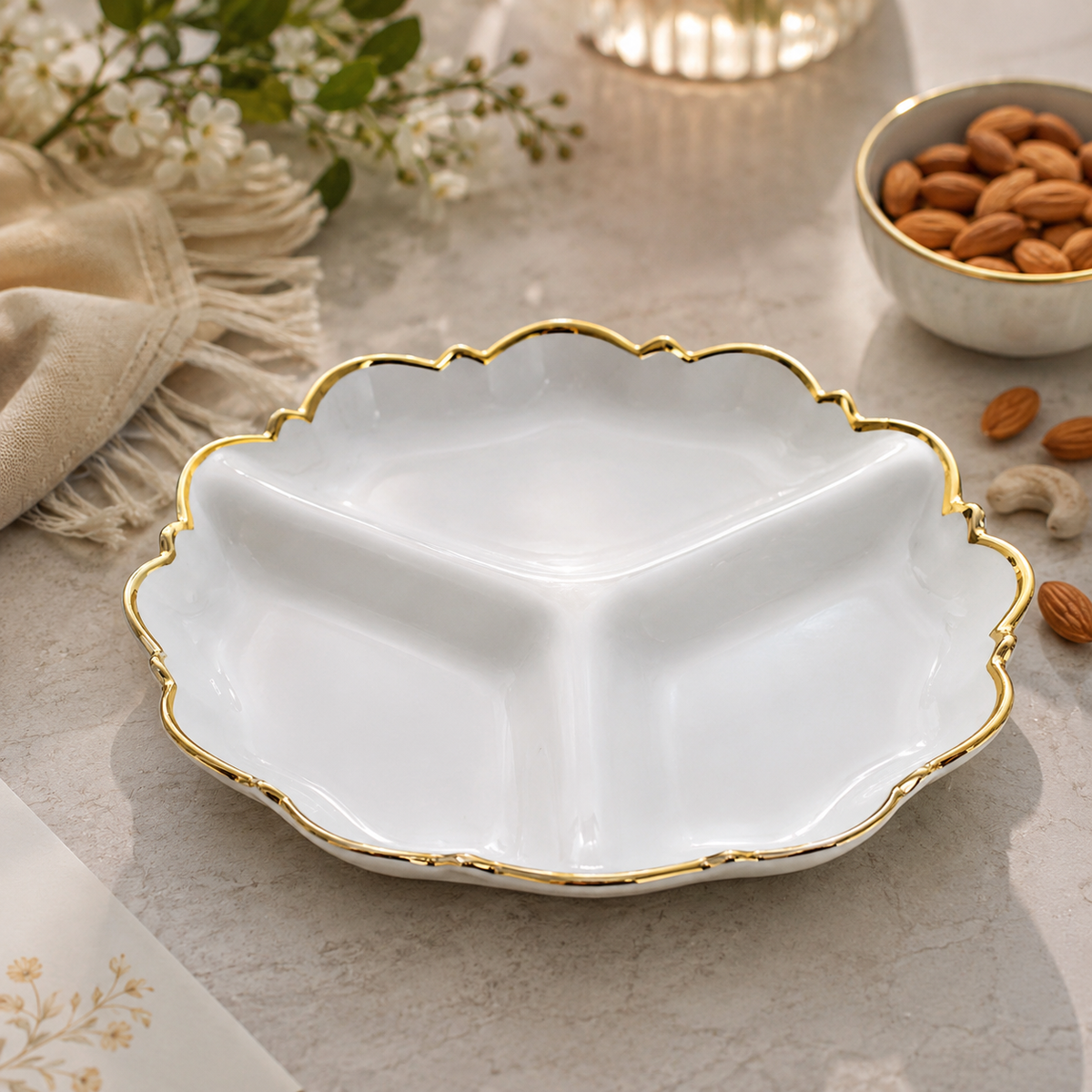 Elegant White & Gold Round Divided Dry Fruit Serving Platter with 3 Compartments for Nuts, Snacks, Candies & Festive Table Décor