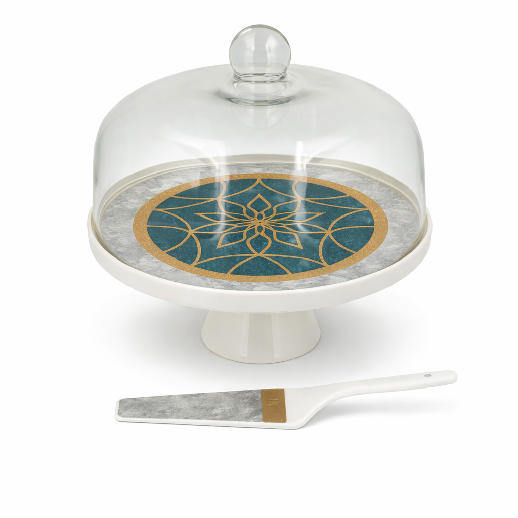 Elegant Green & Gold Cake Stand Set with Glass Cover – Decorative Pedestal Cake Plate