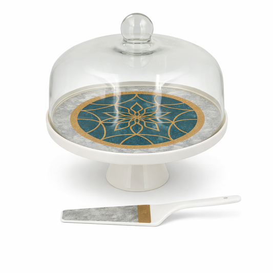 Elegant Green & Gold Cake Stand Set with Glass Cover – Decorative Pedestal Cake Plate