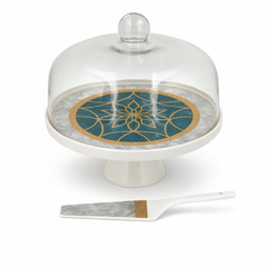 Elegant Green & Gold Cake Stand Set with Glass Cover – Decorative Pedestal Cake Plate