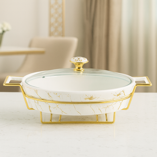 13.5" Oval Marble-Design Ceramic Casserole With Gold Candle Stand – Elegant Buffet & Serving Dish