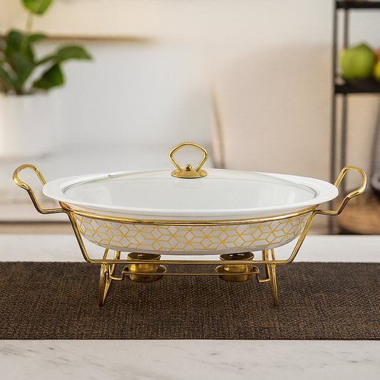 Premium 12.5" Ceramic Casserole With Gold Metal Stand – Elegant Serving &  Warming Dish