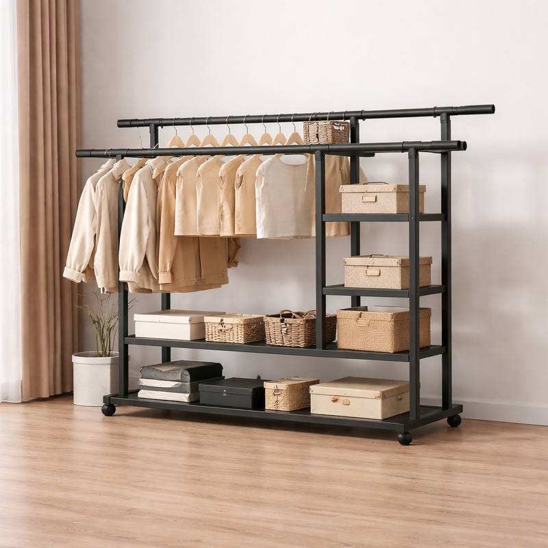 Heavy Duty Double Rod Clothes Hanger – Multi-Functional Garment Rack with Shelves - Habitt
