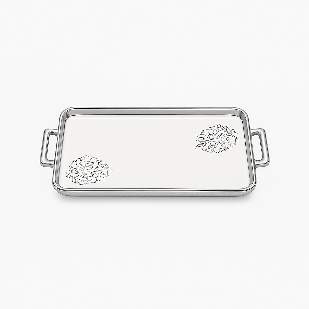 Serving Plate Flat (with Base) – White Ceramic Tray with Silver Handles
