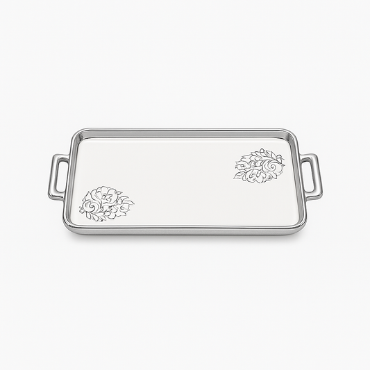 Serving Plate Flat (with Base) – White Ceramic Tray with Silver Handles