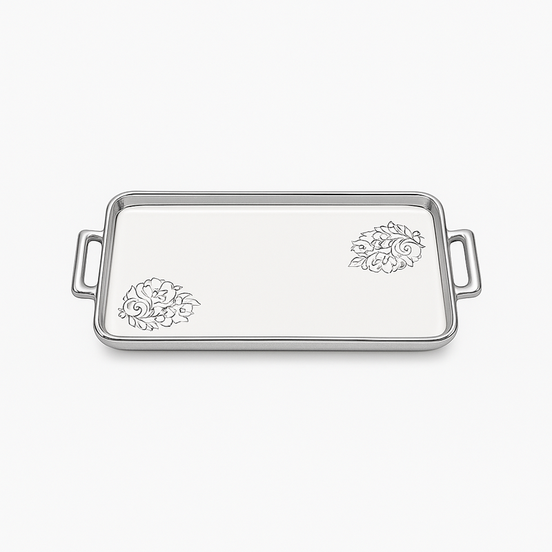 Serving Plate Flat (with Base) – White Ceramic Tray with Silver Handles - Habitt