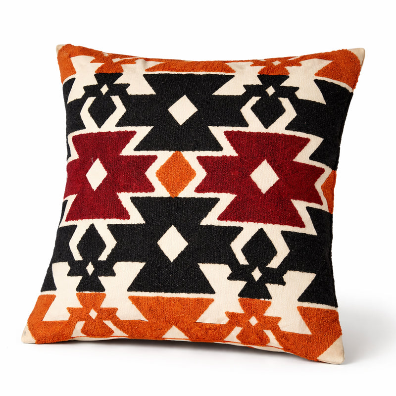 Boho Geometric Embroidered Cushion Cover 18x18 Inch – Off White Tribal Pattern Textured Pillow Cover - Habitt