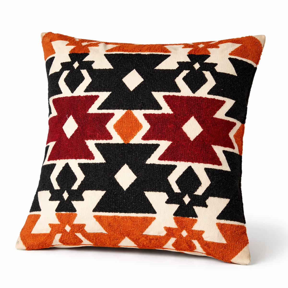 Boho Geometric Embroidered Cushion Cover 18x18 Inch – Off White Tribal Pattern Textured Pillow Cover - Habitt