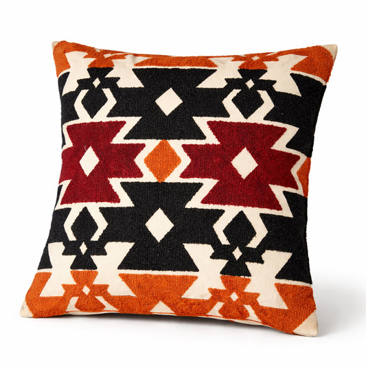 Boho Geometric Embroidered Cushion Cover 18x18 Inch – Off White Tribal Pattern Textured Pillow Cover - Habitt