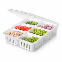 Plastic Food Storage Box with 6 Dividers – Clear Multipurpose Organizer with Lid for Fruits, Snacks & Ingredients