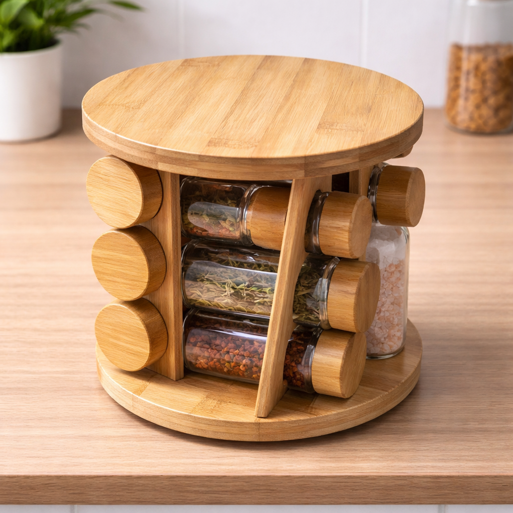 12-Piece Round Spice Jar Set with Bamboo Stand – Kitchen Organizer Rack - Habitt