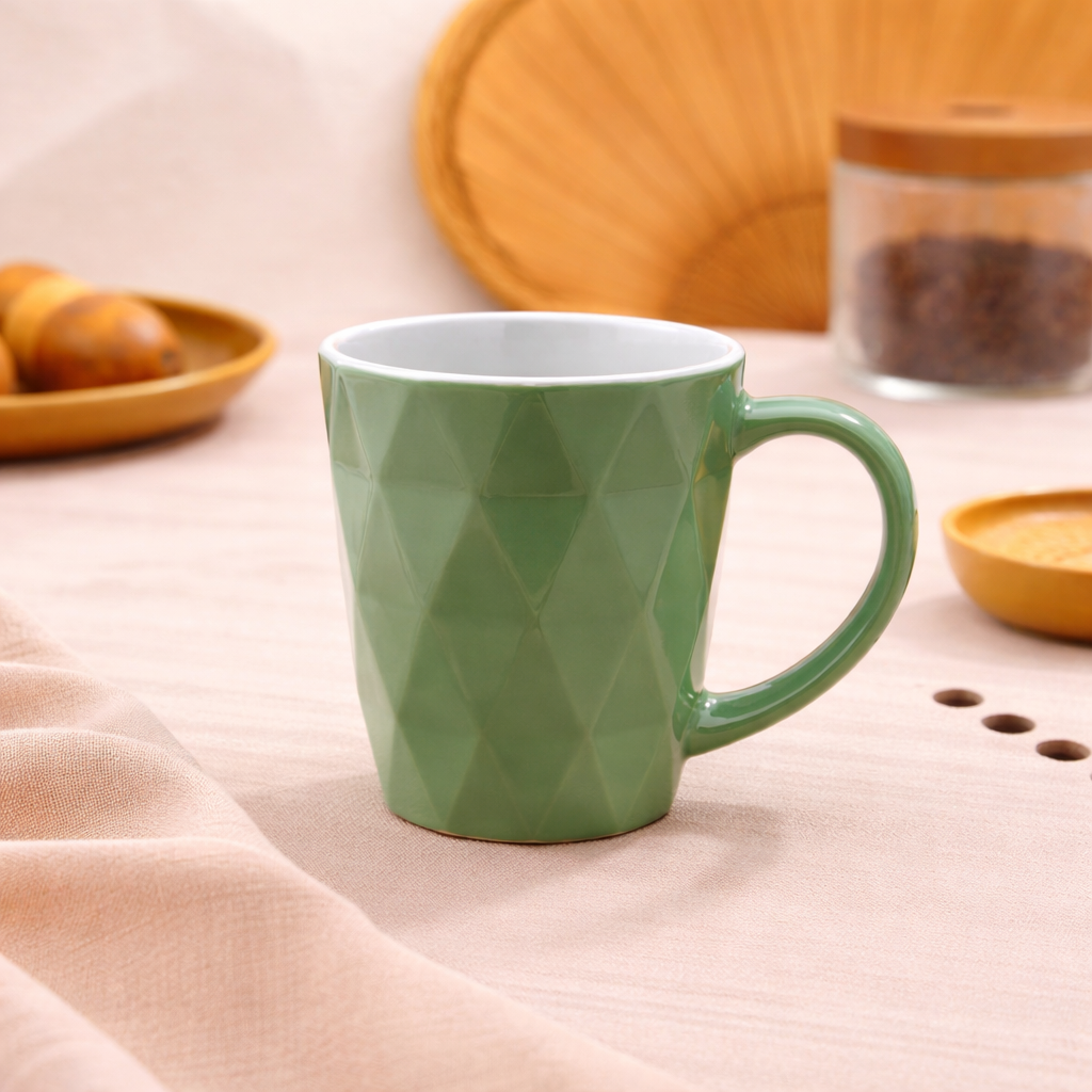 Green Textured Ceramic Coffee Mug | Modern Geometric Pattern Tea Cup - Habitt