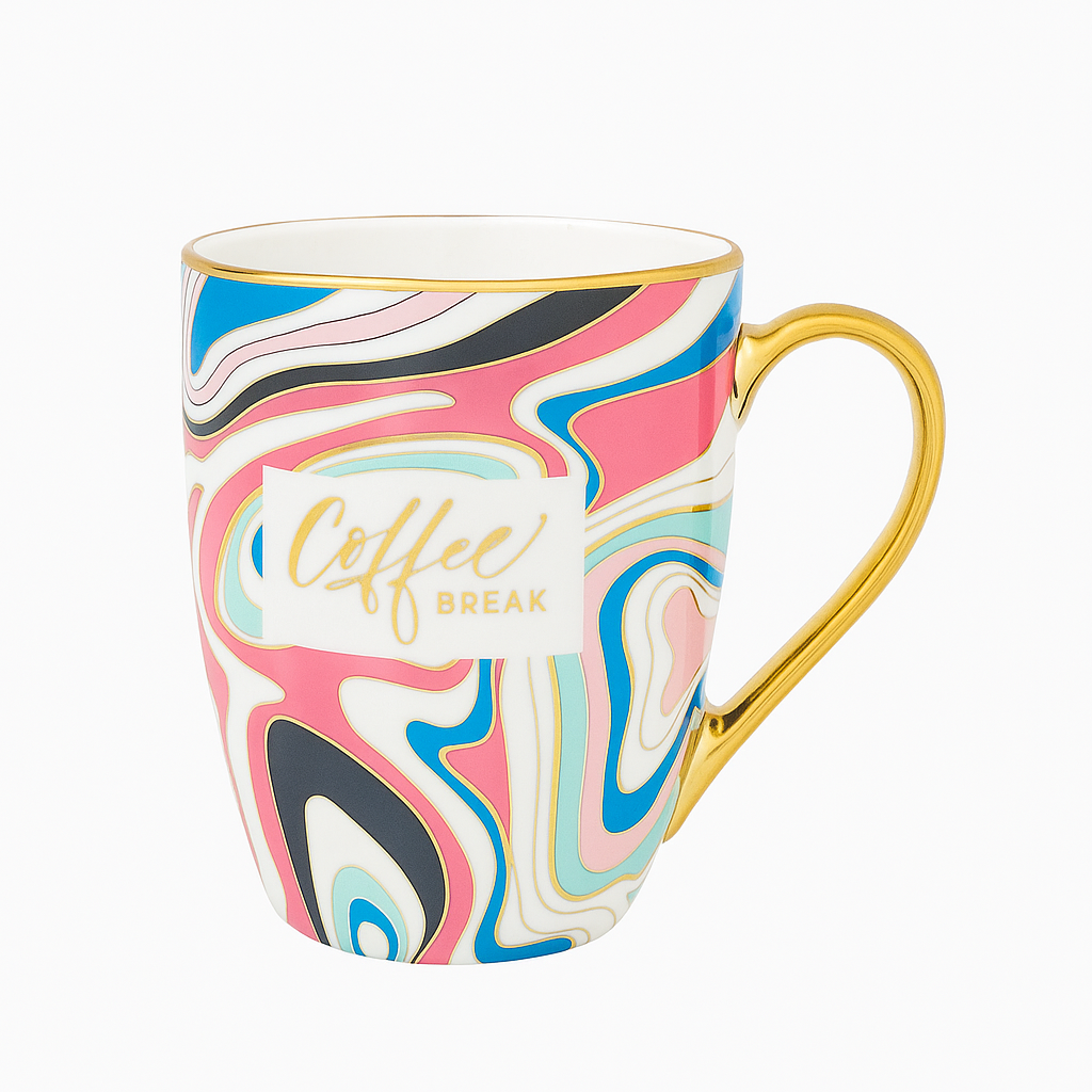 “Coffee Break” Marble Ceramic Mug – Multicolor Gold Handle Coffee Cup