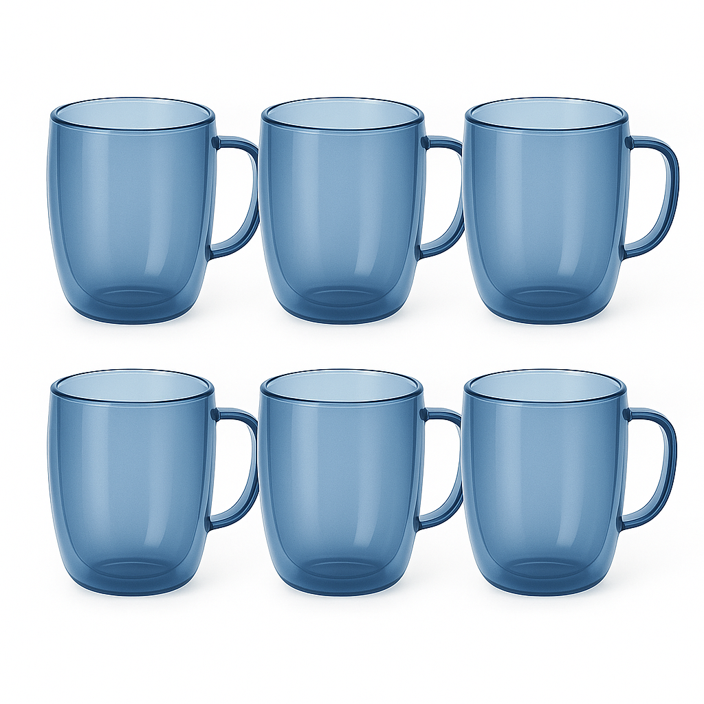 Set of 6 Double-Wall Glass Mugs – Smokey Blue | Heat-Resistant Coffee & Tea Cups