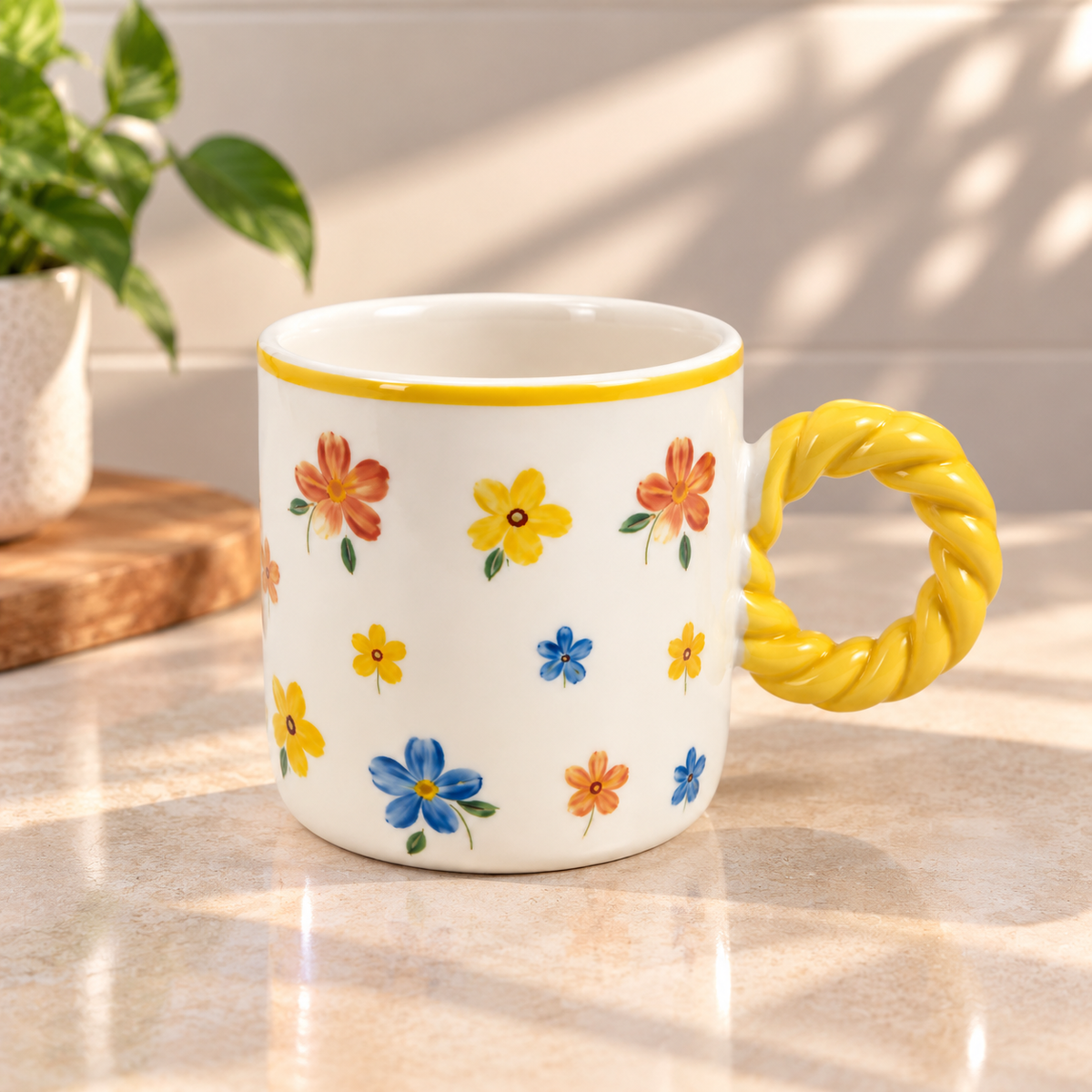 Floral Ceramic Coffee Mug with Twisted Handle – Colourful Tea & Coffee Cup