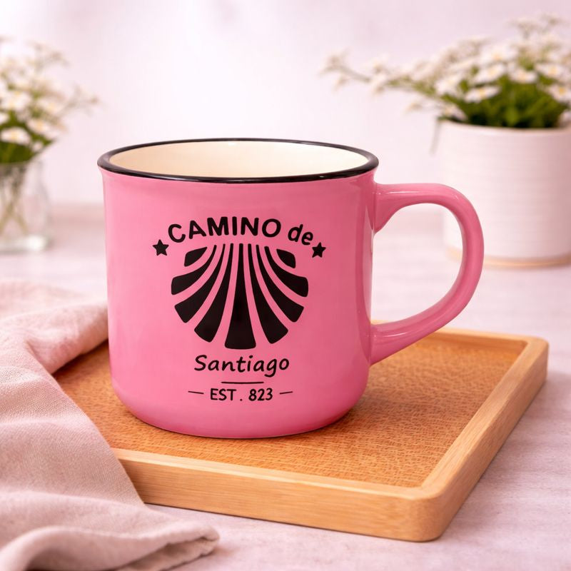 Camino de Santiago Enamel-Style Ceramic Mug – Travel-Inspired Coffee & Tea Cup in Pink - Habitt