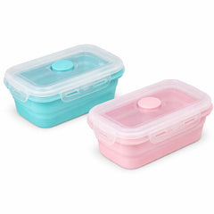 Silicone Foldable Food Container Square – Blue & Pink (Small & Large) | Space-Saving Lunch Box