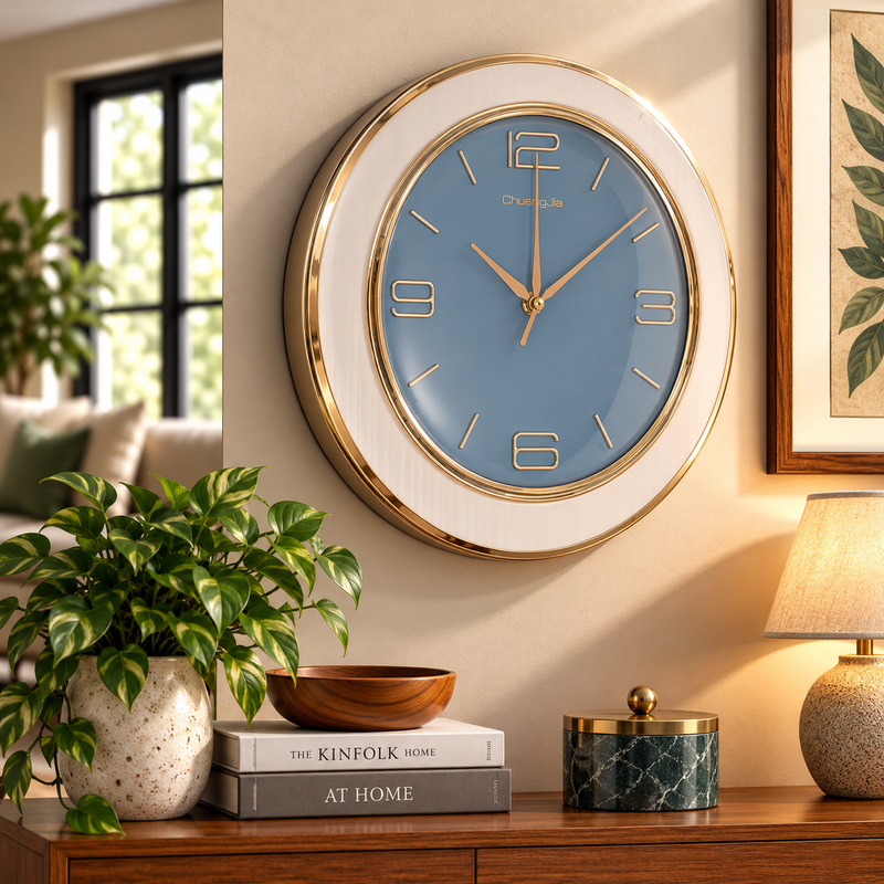 Modern Blue & White Wall Clock with Gold Accents