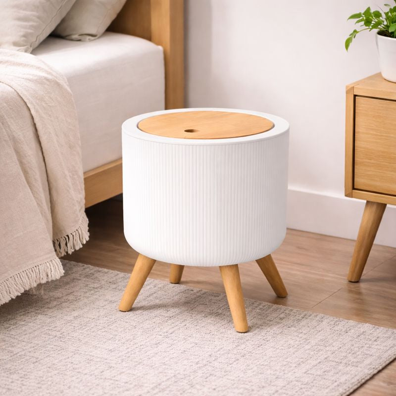 Bedroom Trash Bin – Round Shape with Vertical Lining Pattern & Wooden Legs - Habitt