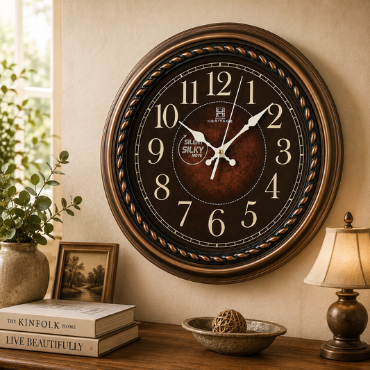 Heritage 14.25-Inch Vintage Style Wall Clock – Silent Sweep Quartz, Classic Brown Dial with Ornate Plastic Frame