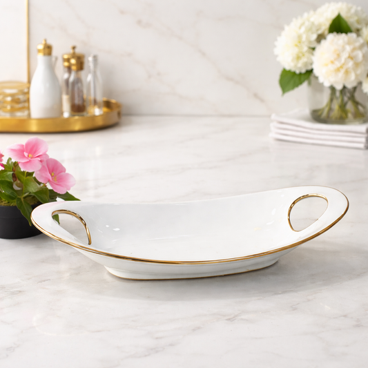 Snack Long Plate – Elegant Curved Serving Platter (Silver & Golden Finish) - Habitt