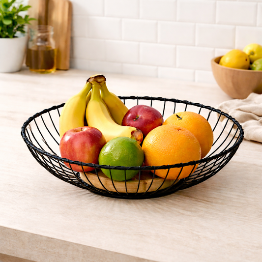 Modern Wire Fruit Basket – Black Bowl with Wooden Base - Habitt