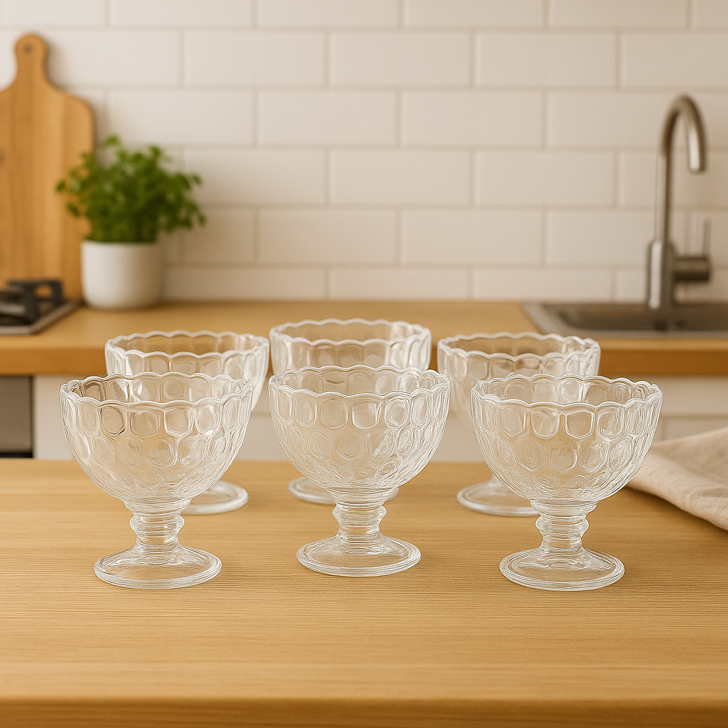 Clear Pressed-Glass Ice Cream Cups – 6-Piece Footed Dessert Set, 210 ml Capacity