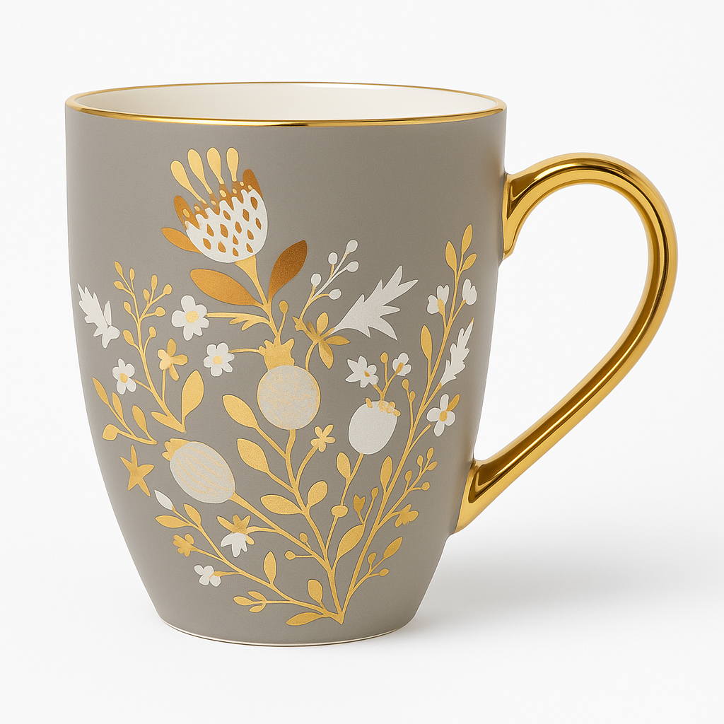 Floral Teal Ceramic Mug with Gold Handle – Elegant Coffee & Tea Cup