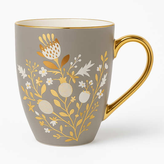 Floral Teal Ceramic Mug with Gold Handle – Elegant Coffee & Tea Cup