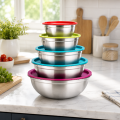 5-Piece Stainless Steel Salad Bowl Set with Color Lids for Mixing, Serving & Fresh Storage