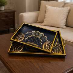 2-Piece Decorative Serving Tray Set | Black & Gold Elegant Rectangular Trays with Handles