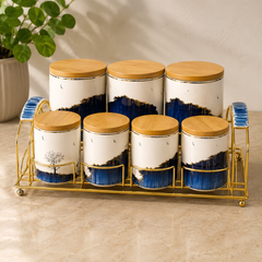 7Pcs Canister Set with Wooden Lids | Ceramic Kitchen Storage Jar Set