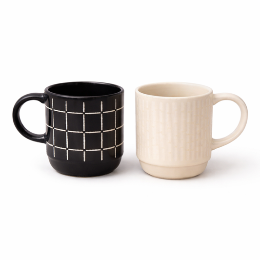 Pack of 2 Ceramic Grid & Ribbed Mug Set – Black & Beige Tea and Coffee Cups