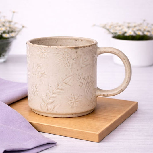 Beige Embossed Ceramic Mug 3.5 x 3.5 Inch – Elegant Stoneware Coffee Mug