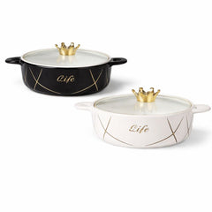 Ceramic Noodle Bowl 1L – Luxury White & Black Soup Bowl with Lid